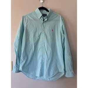 Ralph Lauren Mens Teal Gingham Check Button Down Shirt Classic Fit Medium